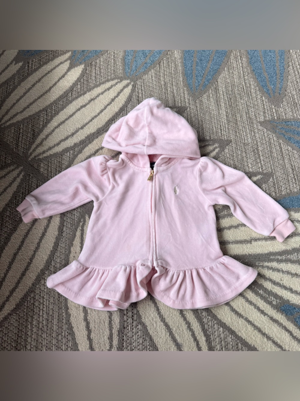 Ralph Lauren Baby Girls Pink Velour Peplum Zip Up Hoodie Size 9M
